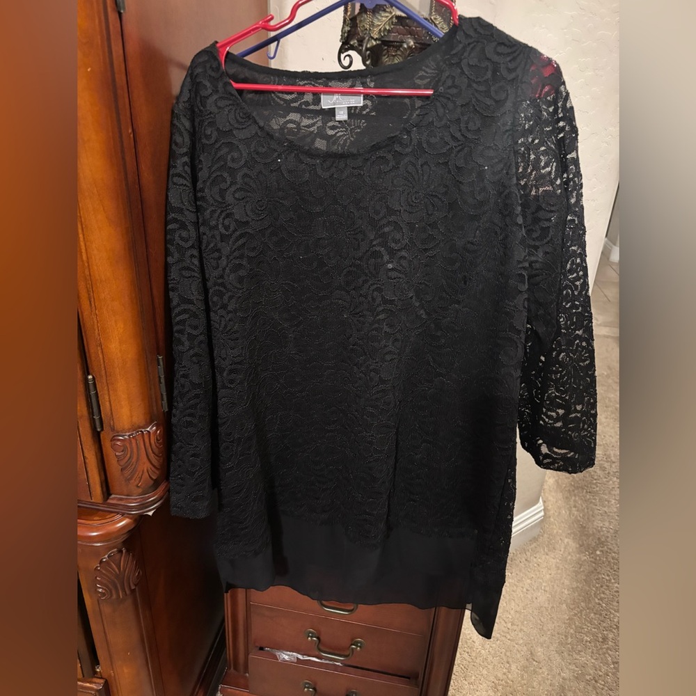 JM Collection Black Floral Lace Long-Sleeve Dress